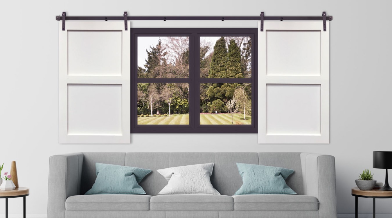 White barn door shutter in modern Sacramento living room